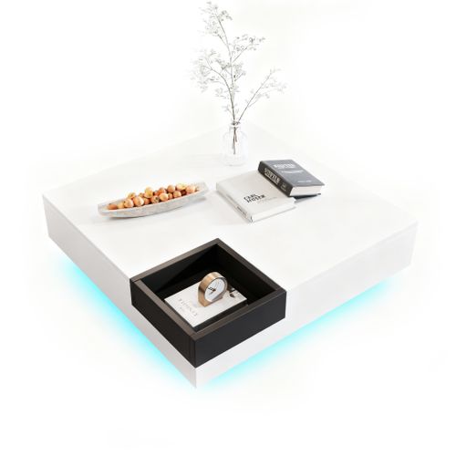 Table Basse 72x72x30 Cm - Carrée Avec LED Et Boîte De Rangement Amovible, Mdf, Blanc + Noir