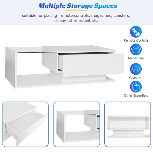 Table Basse LED, 1 Tiroir, Plateau Verre Brillant, Style Contemporain, Blanc