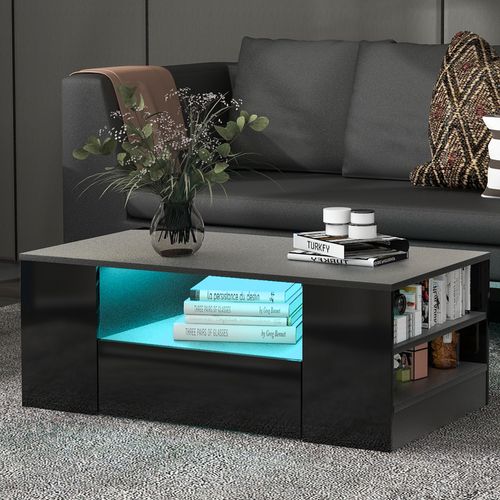 Table Basse LED, 2 Tiroirs, 2 Étagères, Plateau Brillant, Capacité 30 Kg, Noir