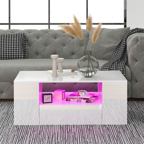 Table Basse Blanc De Salon, 2 Tiroirs Et 2 Étagères Avec Éclairage LED, 95 X 53 X 37 Cm - Blanc