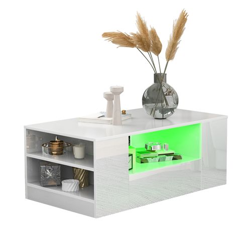 Table Basse Blanc De Salon, 2 Tiroirs Et 2 Étagères Avec Éclairage LED, 95 X 53 X 37 Cm - Blanc