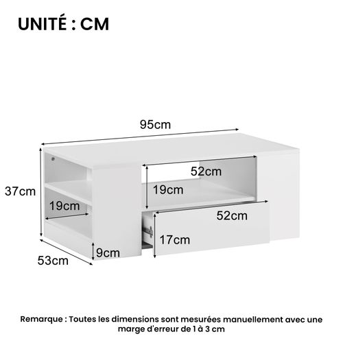 Table Basse Blanc De Salon, 2 Tiroirs Et 2 Étagères Avec Éclairage LED, 95 X 53 X 37 Cm - Blanc
