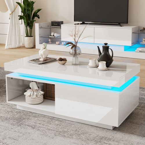 Table Basse Salon, LED Et 1 Tiroir, Panneau De Particules, Finition Blanche