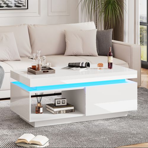 Table Basse Salon, LED Et 1 Tiroir, Panneau De Particules, Finition Blanche
