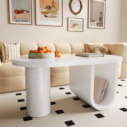 Table Basse Ovale Blanc Avec Pied En U, En Mdf, 98,5 X 53,5 X 42 Cm - Blanc