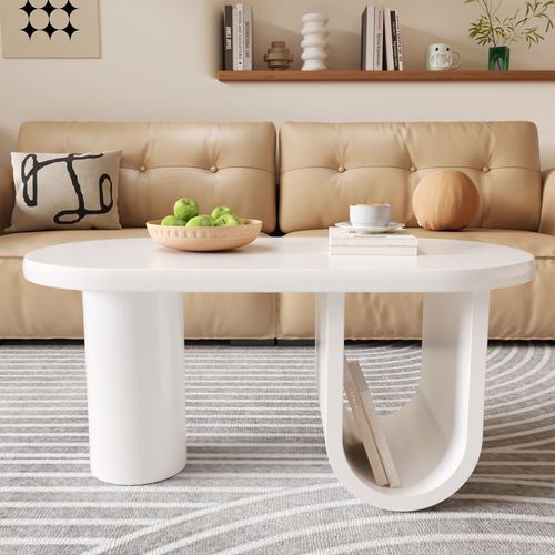 Table Basse Ovale Blanc Avec Pied En U, En Mdf, 98,5 X 53,5 X 42 Cm - Blanc