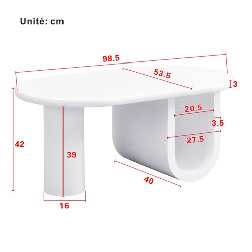 Table Basse Ovale Blanc Avec Pied En U, En Mdf, 98,5 X 53,5 X 42 Cm - Blanc