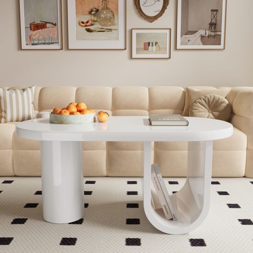 Table Basse Ovale Blanc Avec Pied En U, En Mdf, 98,5 X 53,5 X 42 Cm - Blanc