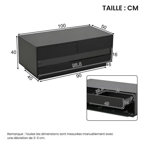 Table Basse LED Via Appli, 2 Tiroirs, Design 3 Niveaux, Mdf Et Verre Trempé, Noir