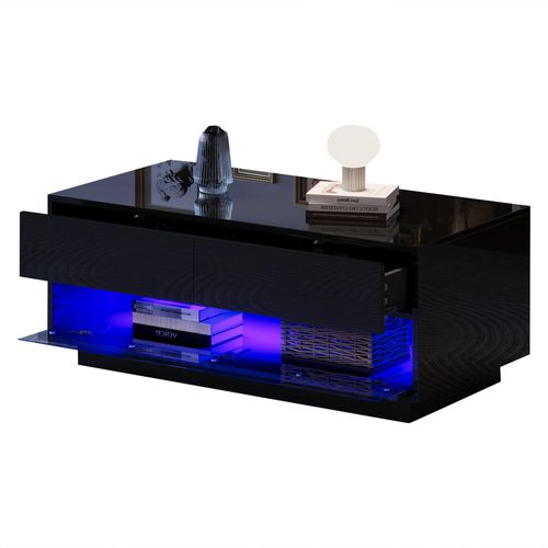 Table Basse LED Via Appli, 2 Tiroirs, Design 3 Niveaux, Mdf Et Verre Trempé, Noir