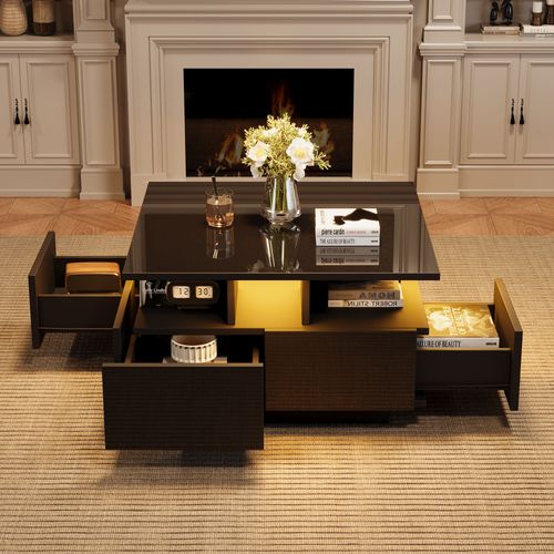 Table Basse LED Via Appli, 4 Tiroirs, Design 3 Niveaux, Panneau De Particules, Noir