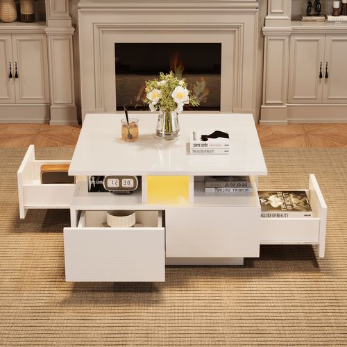 Table Basse LED Via Appli, 4 Tiroirs, Design 3 Niveaux, Panneau De Particules, Blanc