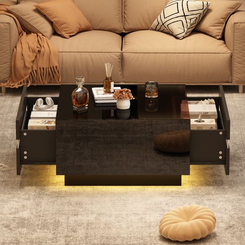 Table Basse LED Via Appli, 2 Tiroirs Asymétriques, Verre Trempé Et Panneau De Particules, Noir