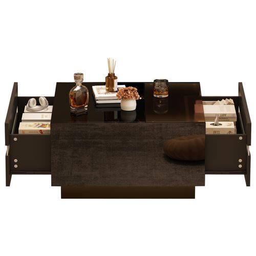 Table Basse LED Via Appli, 2 Tiroirs Asymétriques, Verre Trempé Et Panneau De Particules, Noir