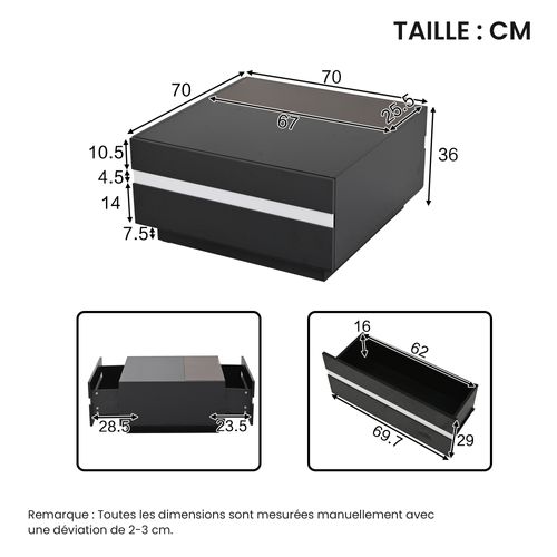 Table Basse LED Via Appli, 2 Tiroirs Asymétriques, Verre Trempé Et Panneau De Particules, Noir