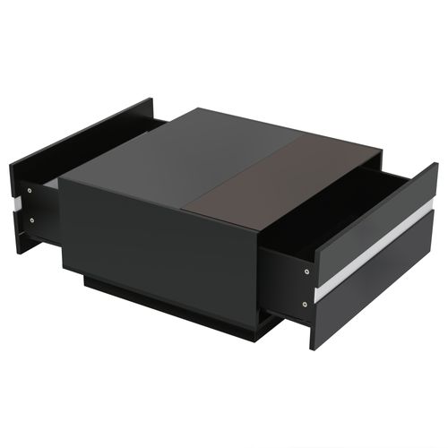 Table Basse LED Via Appli, 2 Tiroirs Asymétriques, Verre Trempé Et Panneau De Particules, Noir