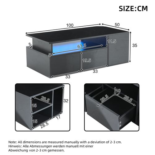 Table Basse LED Appli, 2 Tiroirs, Éclairage Supérieur Et Avant/arrière, Panneau Particules, Noir