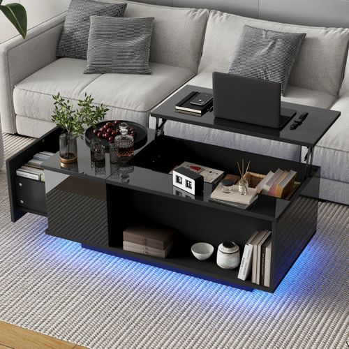 Table Basse Noir, LED Appli, 1 Tiroir, Plateau Relevable Hydraulique, Rangement, Panneau Particules