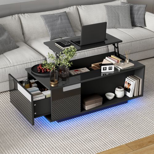 Table Basse Noir, LED Appli, 1 Tiroir, Plateau Relevable Hydraulique, Rangement, Panneau Particules