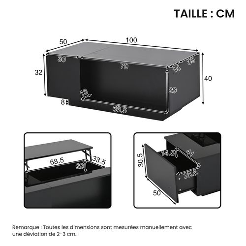 Table Basse Noir, LED Appli, 1 Tiroir, Plateau Relevable Hydraulique, Rangement, Panneau Particules