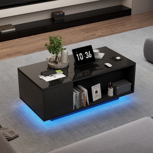 Table Basse Noir, LED Appli, 1 Tiroir, Plateau Relevable Hydraulique, Rangement, Panneau Particules