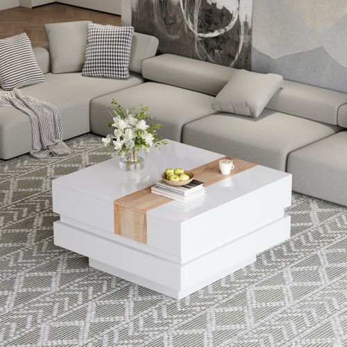 Table Basse 2 Compartiments, Plateau Coulissant, Éclairage, Panneau Particules, Blanc Et Bois