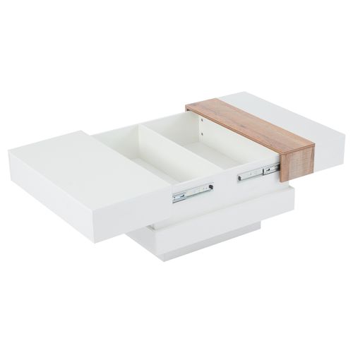 Table Basse 2 Compartiments, Plateau Coulissant, Éclairage, Panneau Particules, Blanc Et Bois