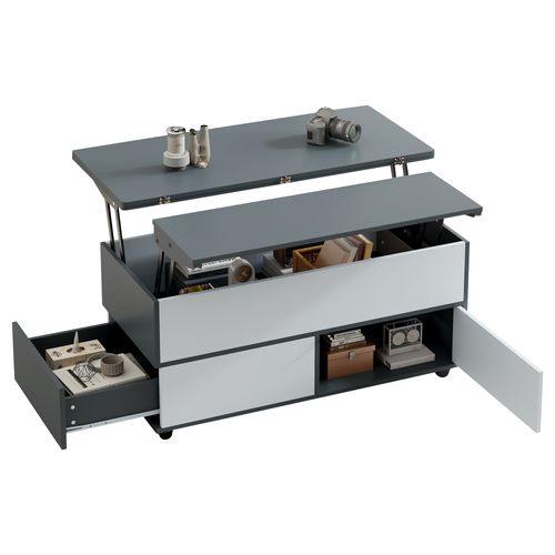 Table Basse 1 Armoire, 1 Tiroir, Rangement Semi-ouvert, Panneau De Particules, Gris Et Blanc