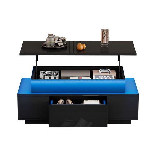 Table Basse LED USB 16s, Plateau Relevable, 1 Tiroir, Rangement, Panneau Particules, Noir