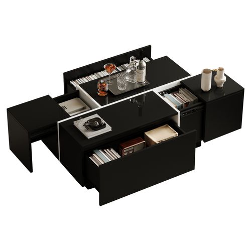 Table Basse Noir Et Blanc, 4 Tiroirs Avec Capacité 30 Kg, Panneau De Particules, 100 X 60 X 40 Cm