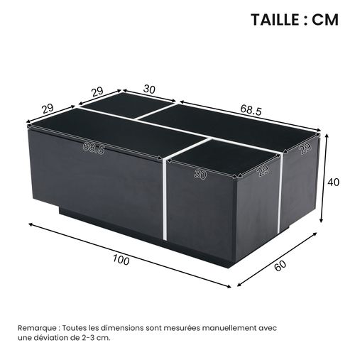 Table Basse Noir Et Blanc, 4 Tiroirs Avec Capacité 30 Kg, Panneau De Particules, 100 X 60 X 40 Cm