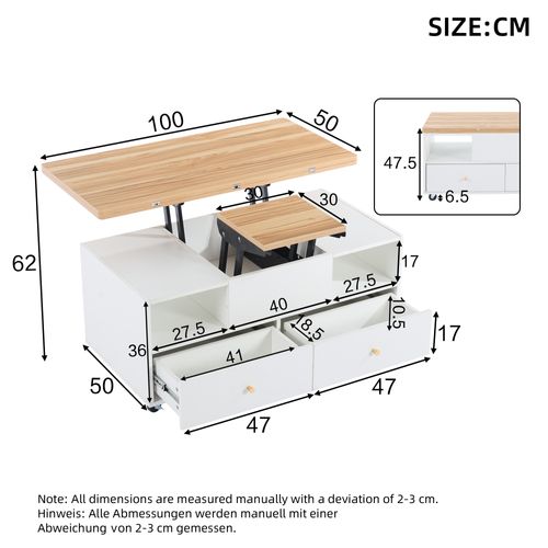 Table Basse 4 Tiroirs, Plateau Coulissant Et Pliable, Capacité 60kg, Mdf, Blanc