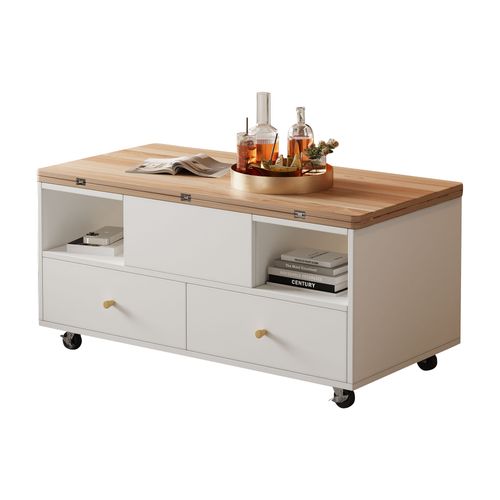 Table Basse 4 Tiroirs, Plateau Coulissant Et Pliable, Capacité 60kg, Mdf, Blanc