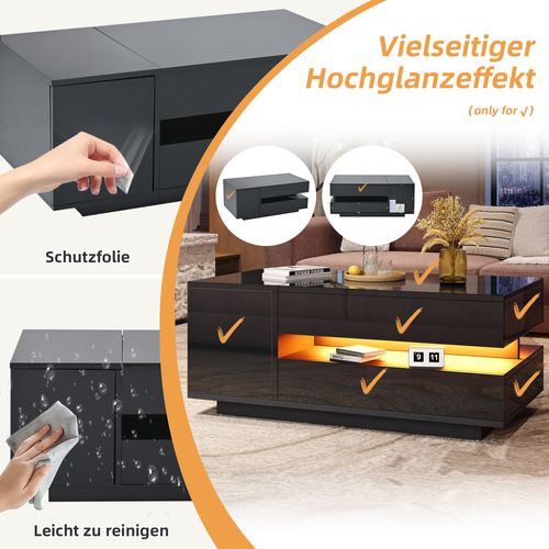 Table Basse Noir, Rangement, 1 Tiroir, Plateau Élèveable, LED Intégrée, Design Moderne