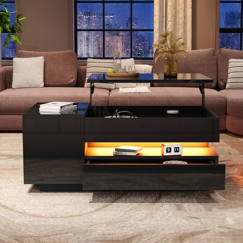 Table Basse Noir, Rangement, 1 Tiroir, Plateau Élèveable, LED Intégrée, Design Moderne
