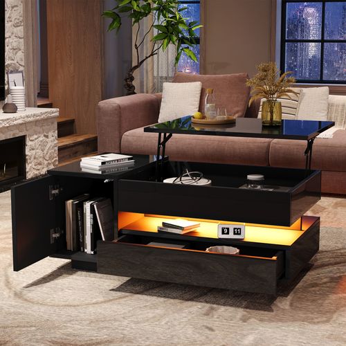 Table Basse Noir, Rangement, 1 Tiroir, Plateau Élèveable, LED Intégrée, Design Moderne