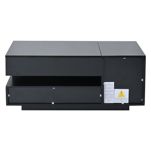 Table Basse Noir, Rangement, 1 Tiroir, Plateau Élèveable, LED Intégrée, Design Moderne