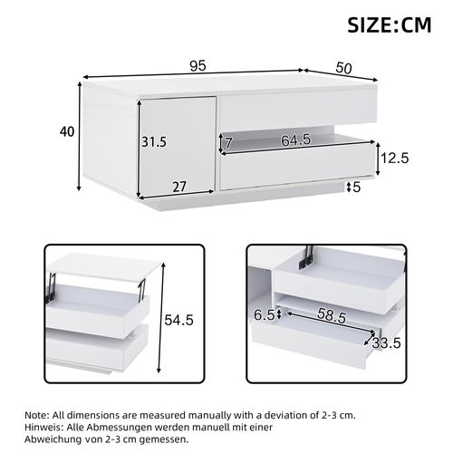 Table Basse Blanc, Rangement, 1 Tiroir, Plateau Élèveable, LED Contrôlable, Design Moderne