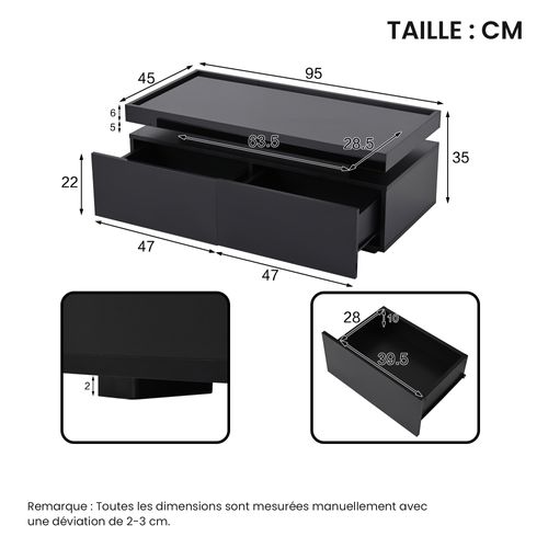 Table Basse Noir, Canapé, 2 Tiroirs, Éclairage LED Mobile, Capacité 50kg, Style Moderne