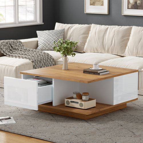 Table Basse Salon Carrée, 3 Tiroirs, Rangement Semi-ouvert, Style Géométrique, Blanc + Noyer