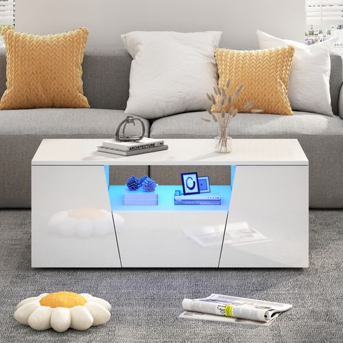 Table Basse, 1 Tiroir, 2 Compartiments, LED Intégrée, Design Irrégulier, Rangement Pratique, Blanc