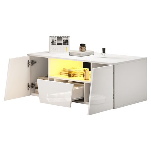 Table Basse, 1 Tiroir, 2 Compartiments, LED Intégrée, Design Irrégulier, Rangement Pratique, Blanc
