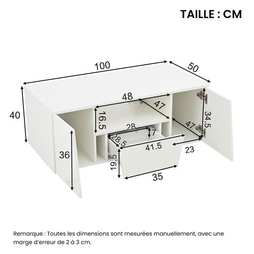 Table Basse, 1 Tiroir, 2 Compartiments, LED Intégrée, Design Irrégulier, Rangement Pratique, Blanc