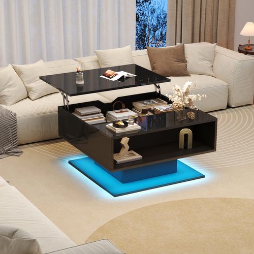 Table Basse Noir, Design, LED Intégrée, 2 Espaces Rangement, Haut Brillant, Panneau Particules