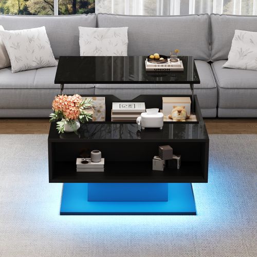 Table Basse Noir, Design, LED Intégrée, 2 Espaces Rangement, Haut Brillant, Panneau Particules