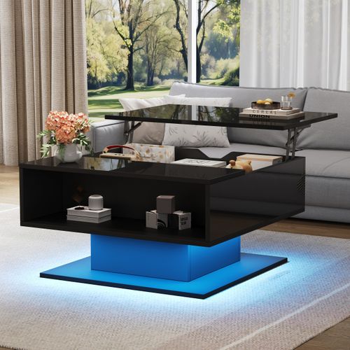 Table Basse Noir, Design, LED Intégrée, 2 Espaces Rangement, Haut Brillant, Panneau Particules