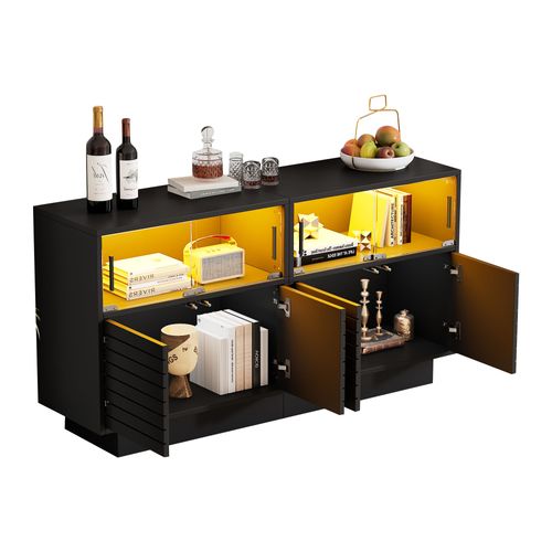 Buffet Salon LED Télécommandé, 4 Placards, Portes Verre, Particules+verre Trempé, 130x35x68 Cm, Noir