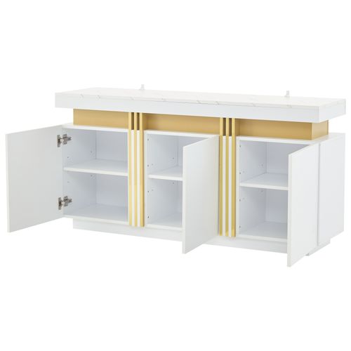 Buffet Rangement 3 Placards, 6 Niches, Panneau Particules, 140x38x70 Cm, Blanc Marbre Platine