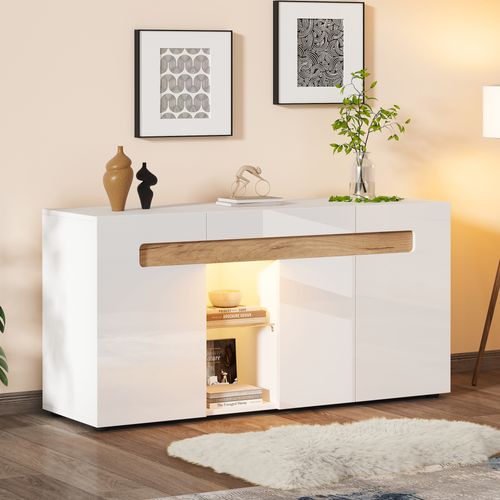 Buffet Rangement 3 Placards Avec LED Application, Design Moderne, Facile à Entretenir, Blanc