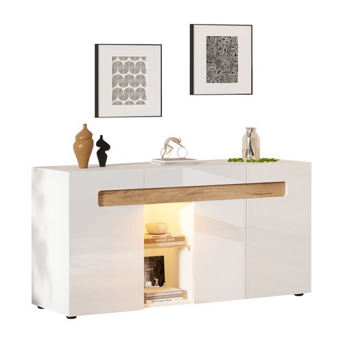 Buffet Rangement 3 Placards Avec LED Application, Design Moderne, Facile à Entretenir, Blanc